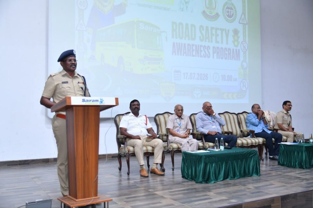 Comprehensive road safety awareness program for Sairam Engineering College bus drivers.